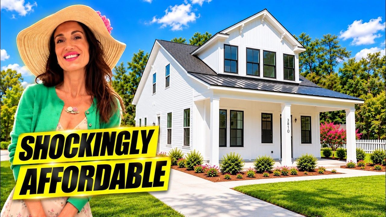 A woman in a green cardigan and sunhat stands in front of a new white house with a black roof and landscaped yard.