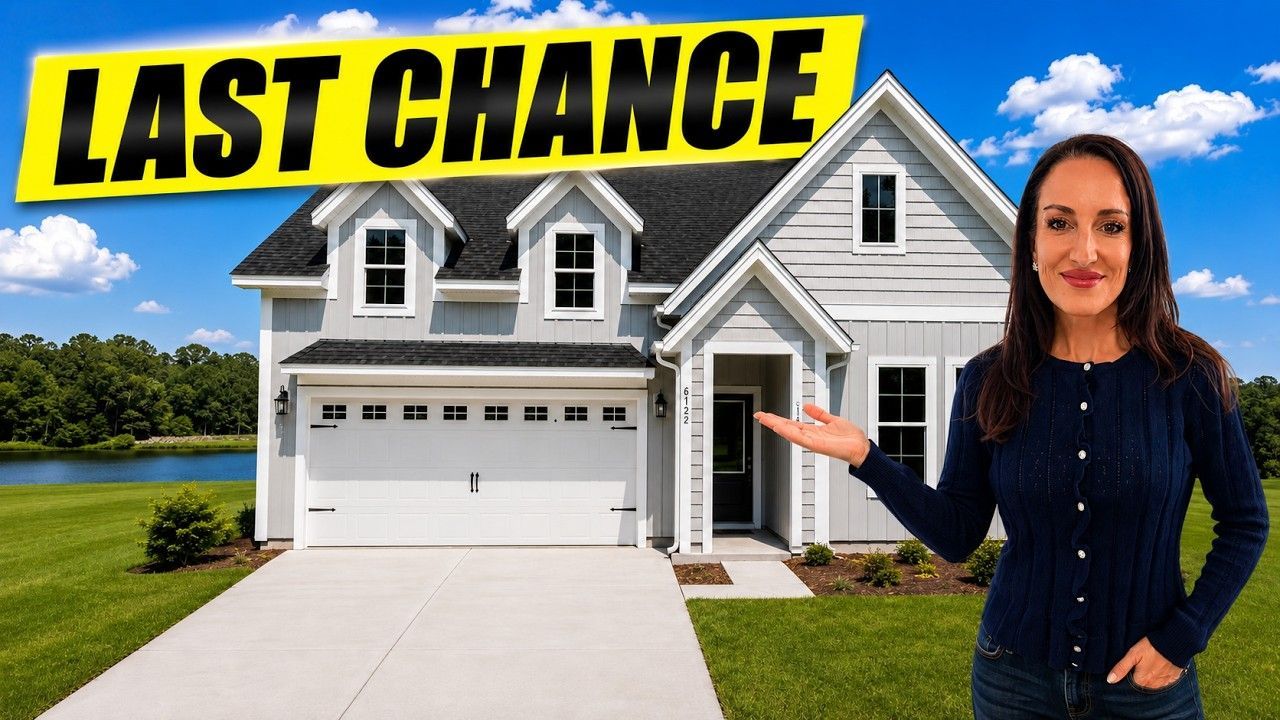 “LAST CHANCE” banner over a house; woman in navy dress gestures toward the home.