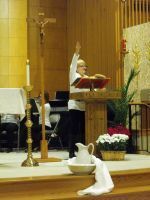 Priest blessing at church altar with crucifix, candles, and white doves in the foreground