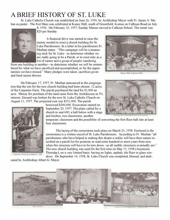 Historic St. Luke newspaper page with text, portraits, and several black-and-white photos of school scenes