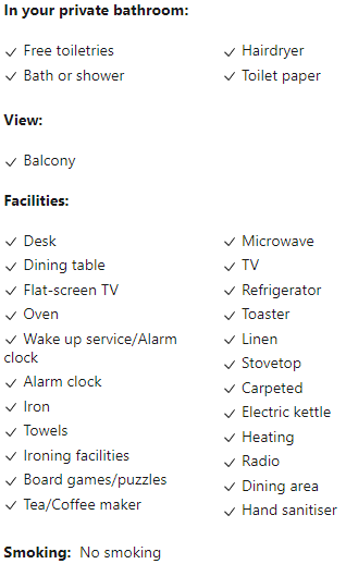 A list of facilities in a private bathroom