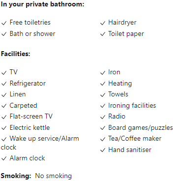A list of facilities in a private bathroom