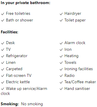 A list of facilities in a private bathroom