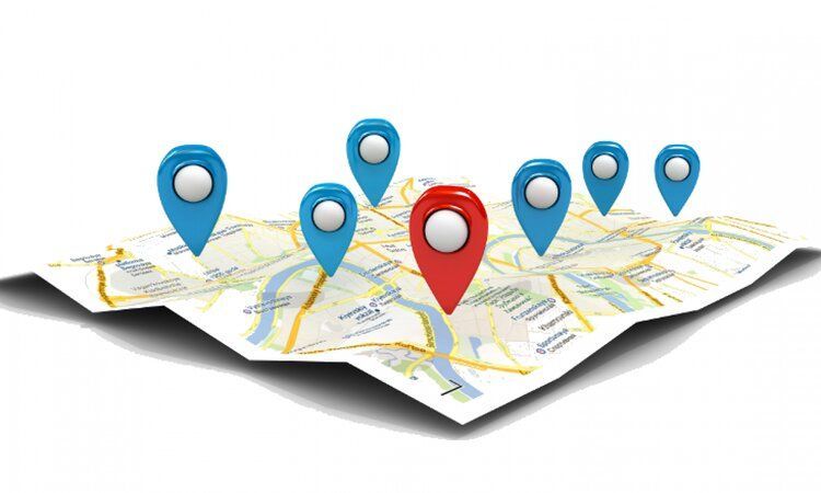 Map with blue and red location markers.