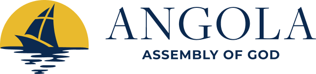 Angola Assembly of God logo with yellow sailboat icon and navy text on white background