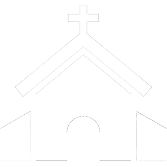 Faint line drawing of a church roof with cross and arched doorway on white background