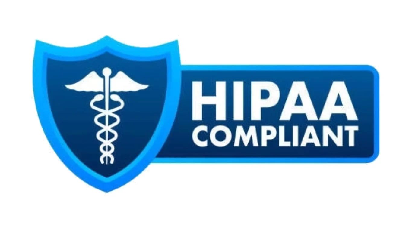 Blue HIPAA compliant shield logo with medical caduceus icon and white text.