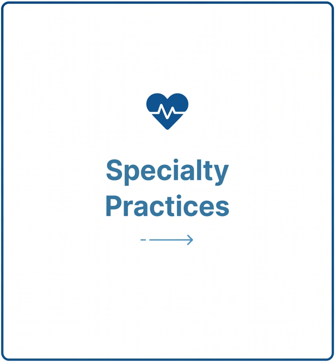 Blue heart icon above “Specialty Practices” text with a small arrow on a white background