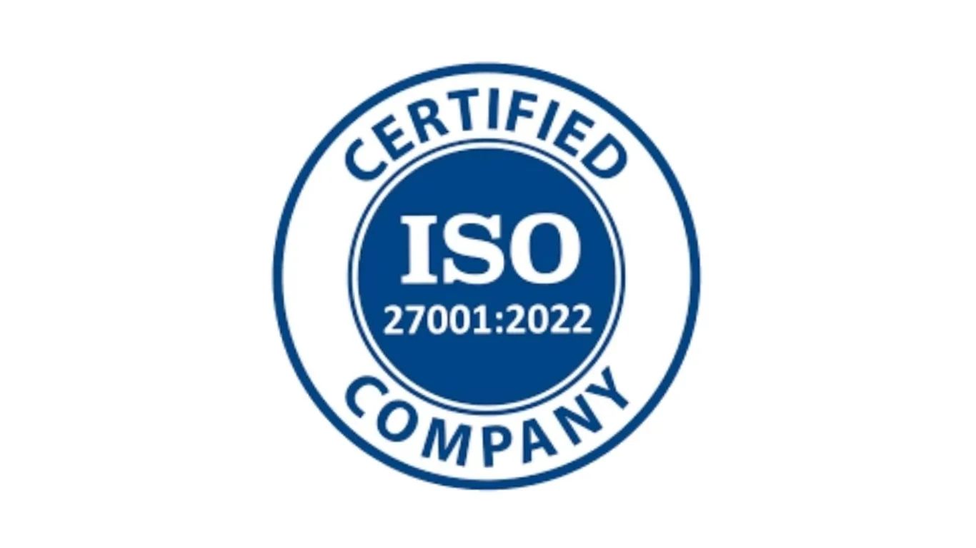 Circular blue-and-white ISO 27001:2022 certified company logo badge