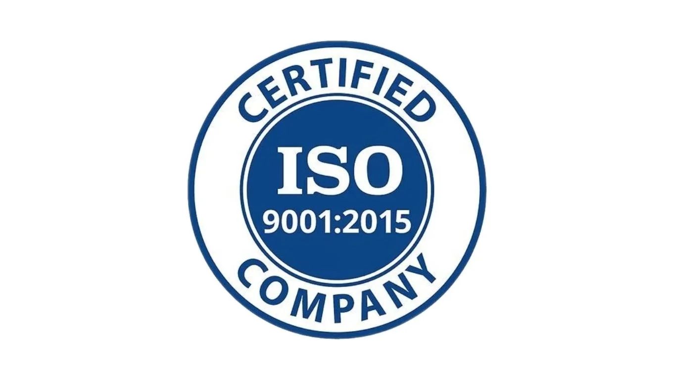 Certified ISO 9001:2015 company logo in blue and white