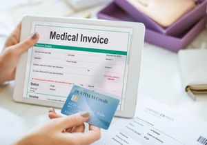 Hand holding a credit card in front of a tablet showing a medical invoice form