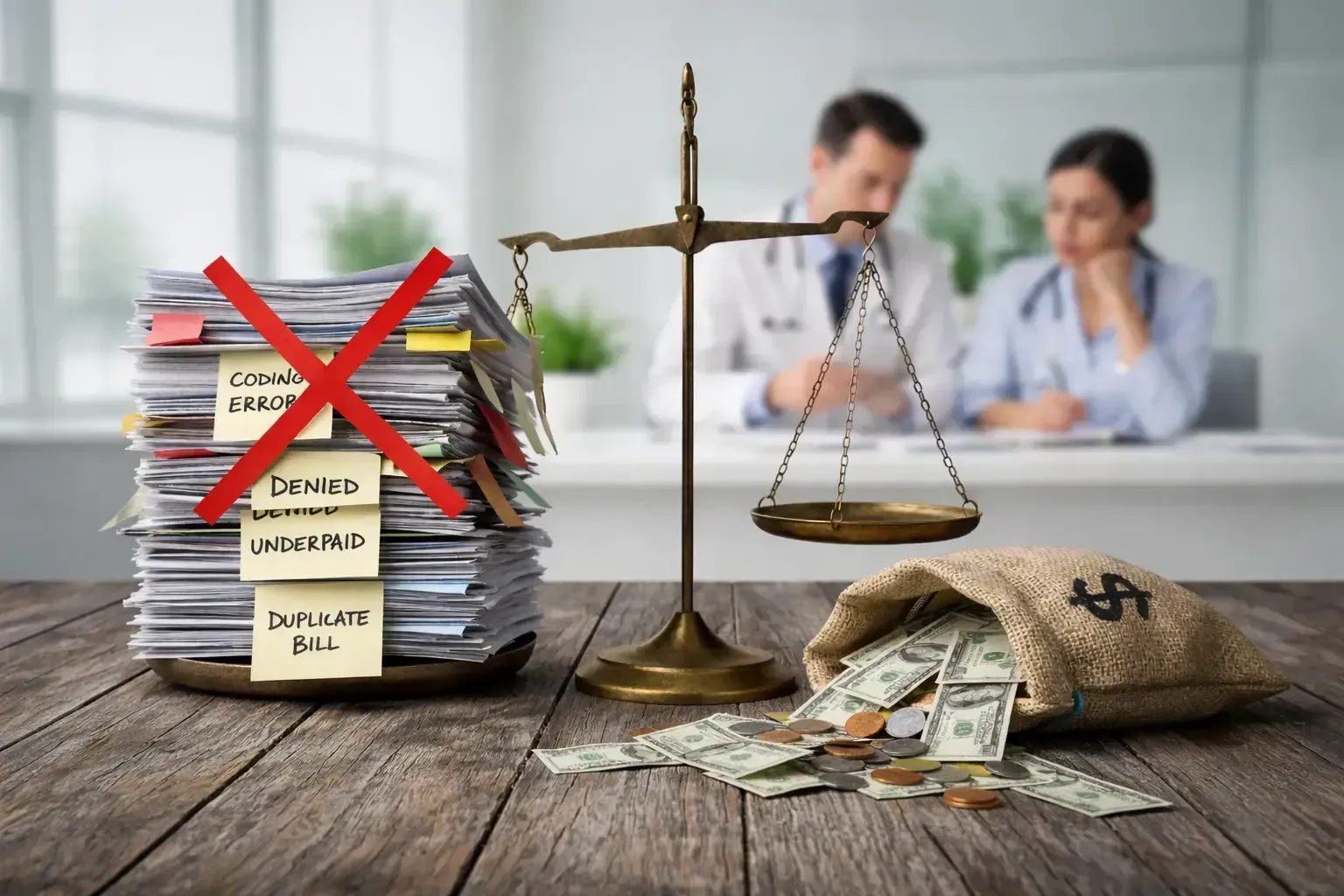 Scales balancing legal papers and cash on a desk, with blurred business people in the background and a red X over files