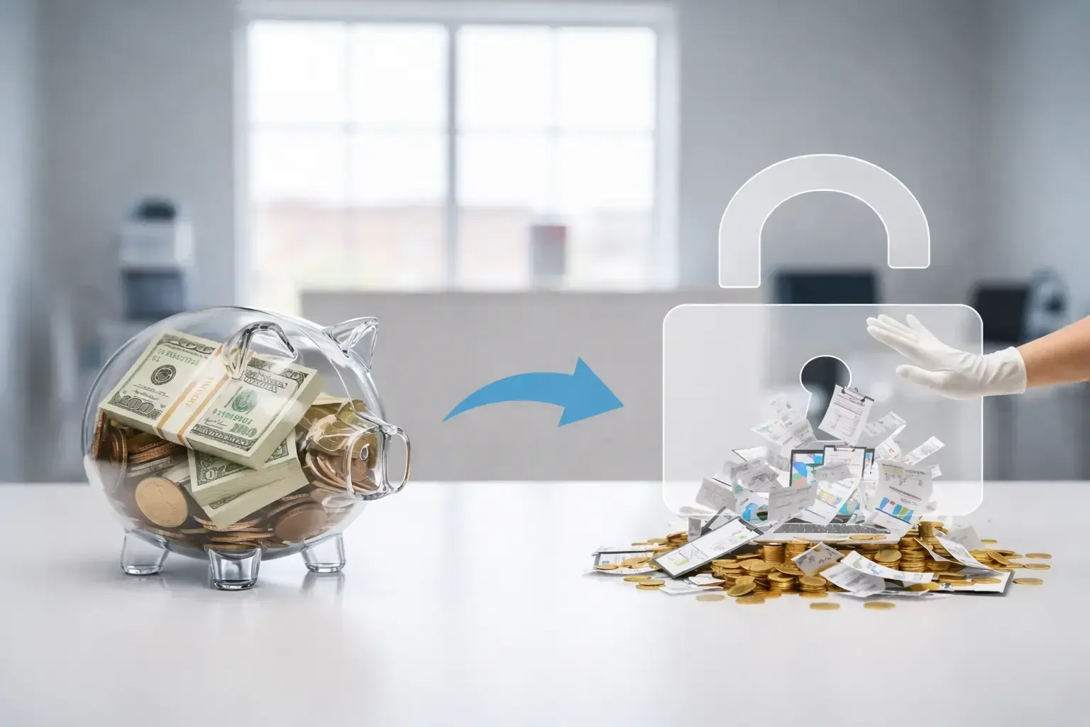 Money in a piggy bank moving toward an open padlock, symbolizing unlocked savings.