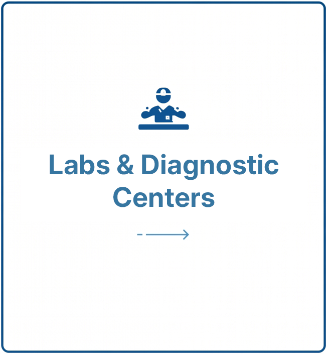Blue icon of a lab technician with “Labs & Diagnostic Centers” text and arrow on white background