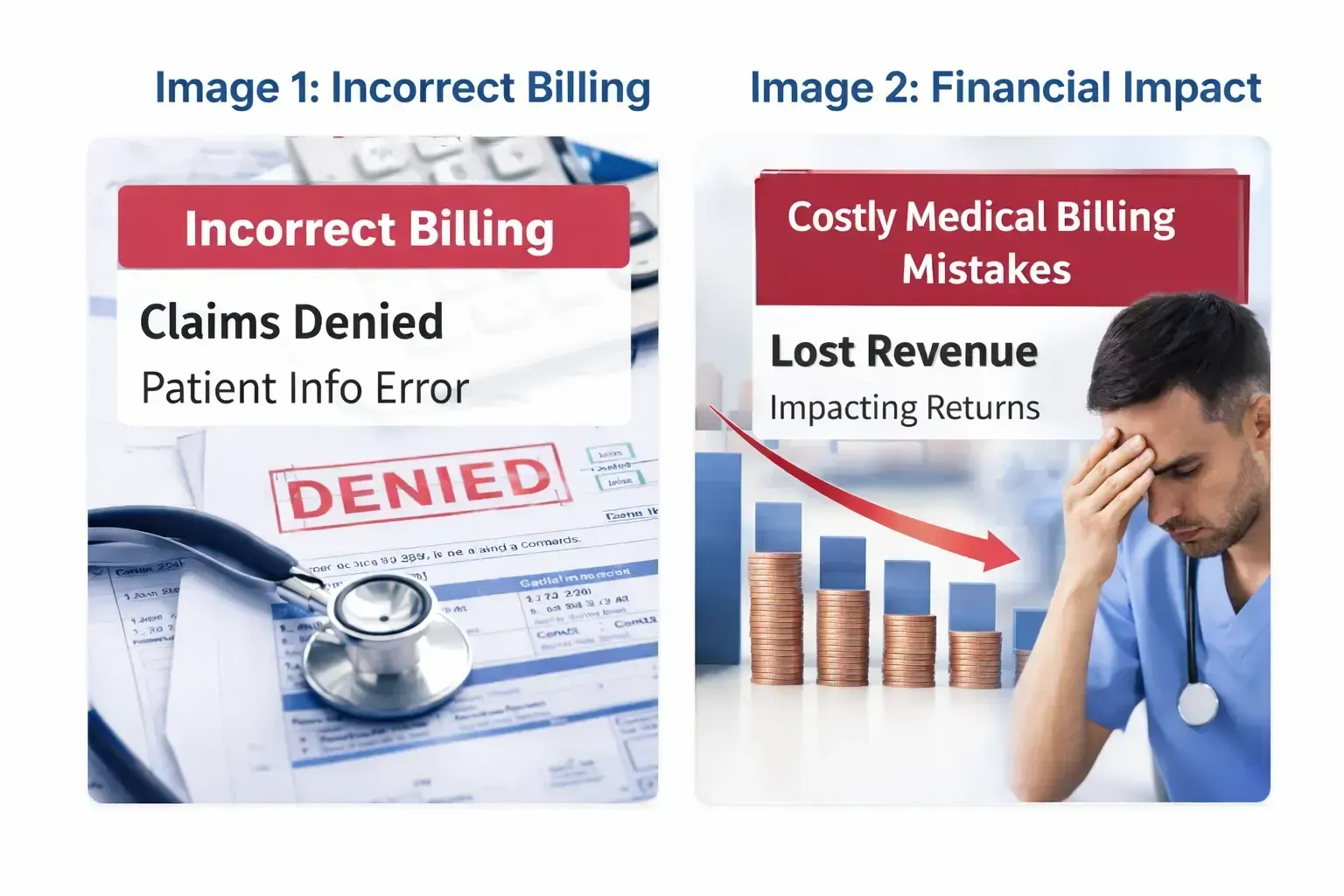 Split image about incorrect medical billing and financial impact, with denied claims and a stressed man beside charts