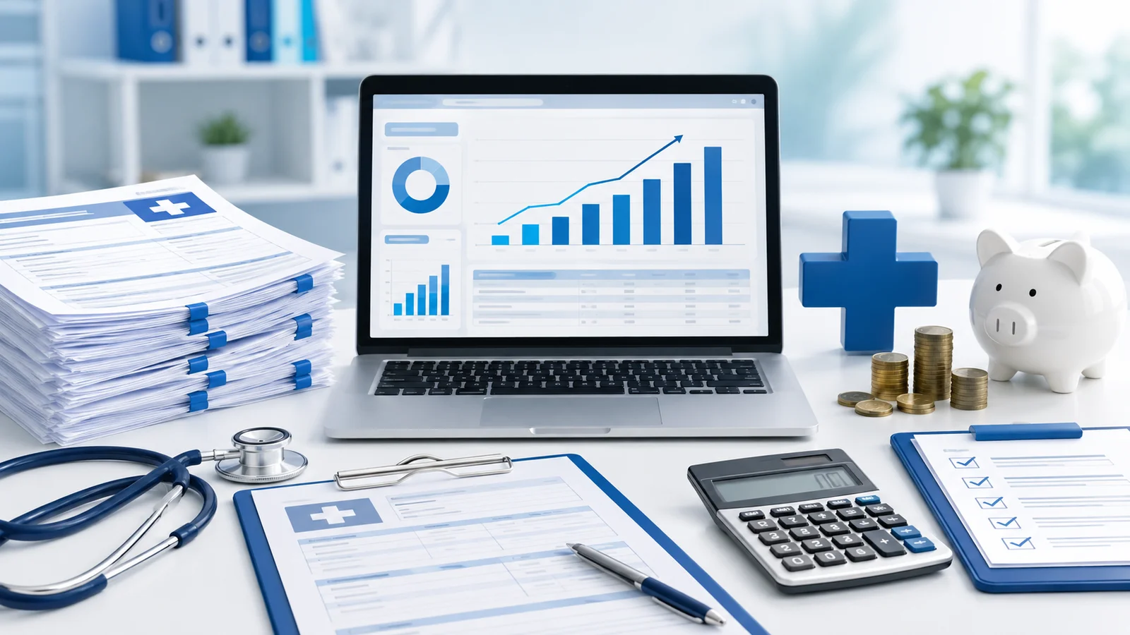 Healthcare finance workspace with laptop charts, calculator, stethoscope, paperwork, and piggy bank