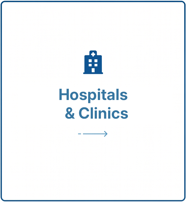 Blue hospital icon with “Hospitals & Clinics” text and right arrow on white background