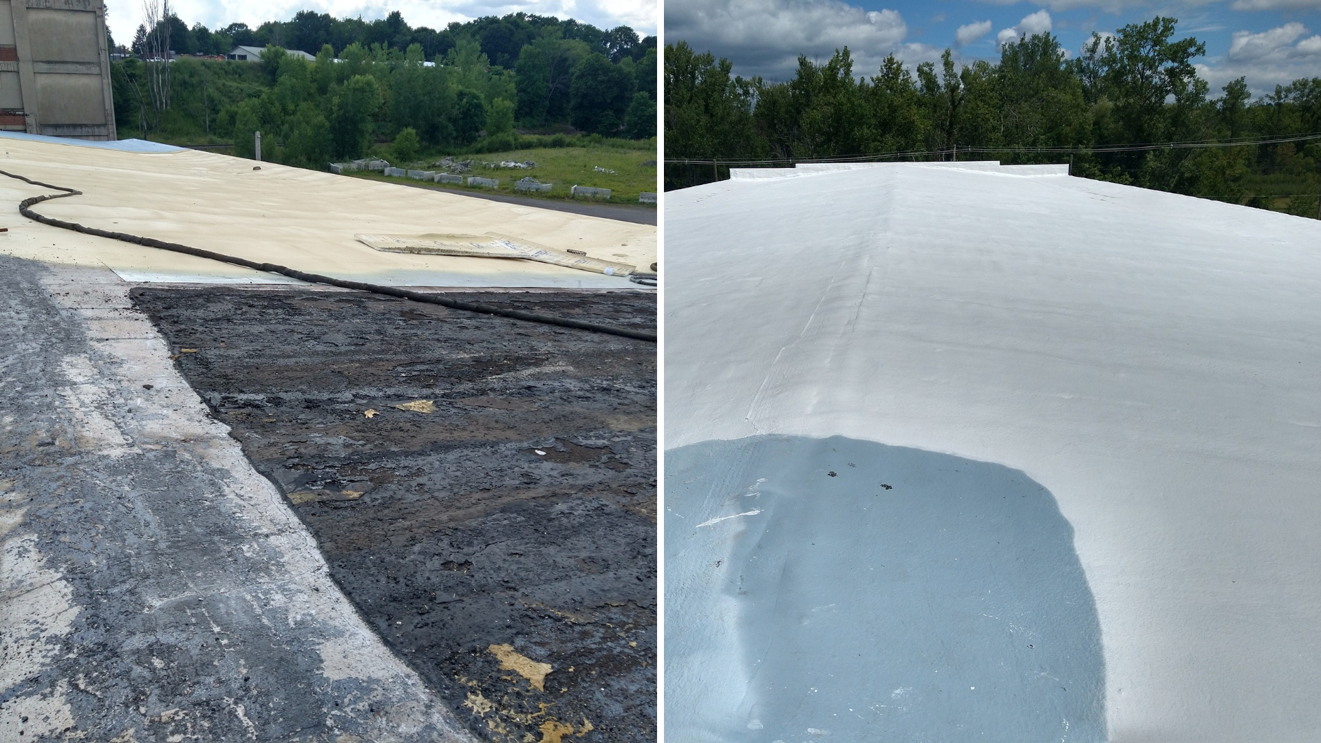 A before and after picture of a roof that has been painted white.