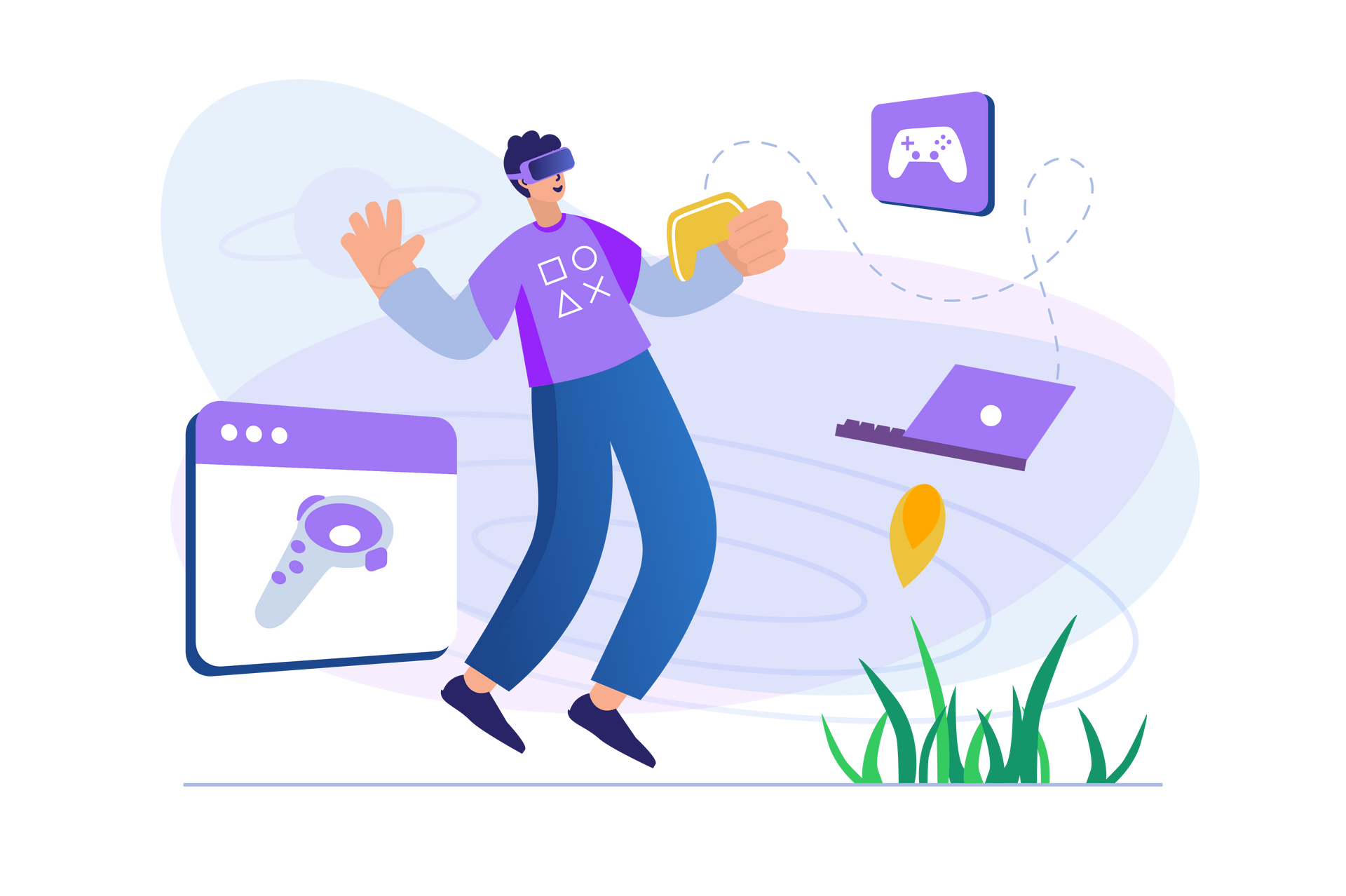 Un uomo che indossa un visore per la realtà virtuale sta giocando a un videogioco.
