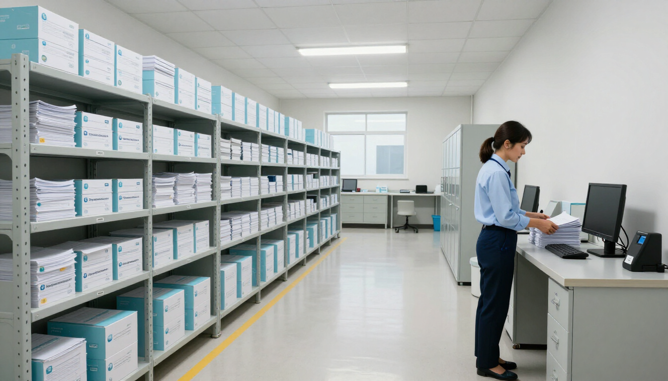 Bright archive room with shelves of files and a person working at a computer desk