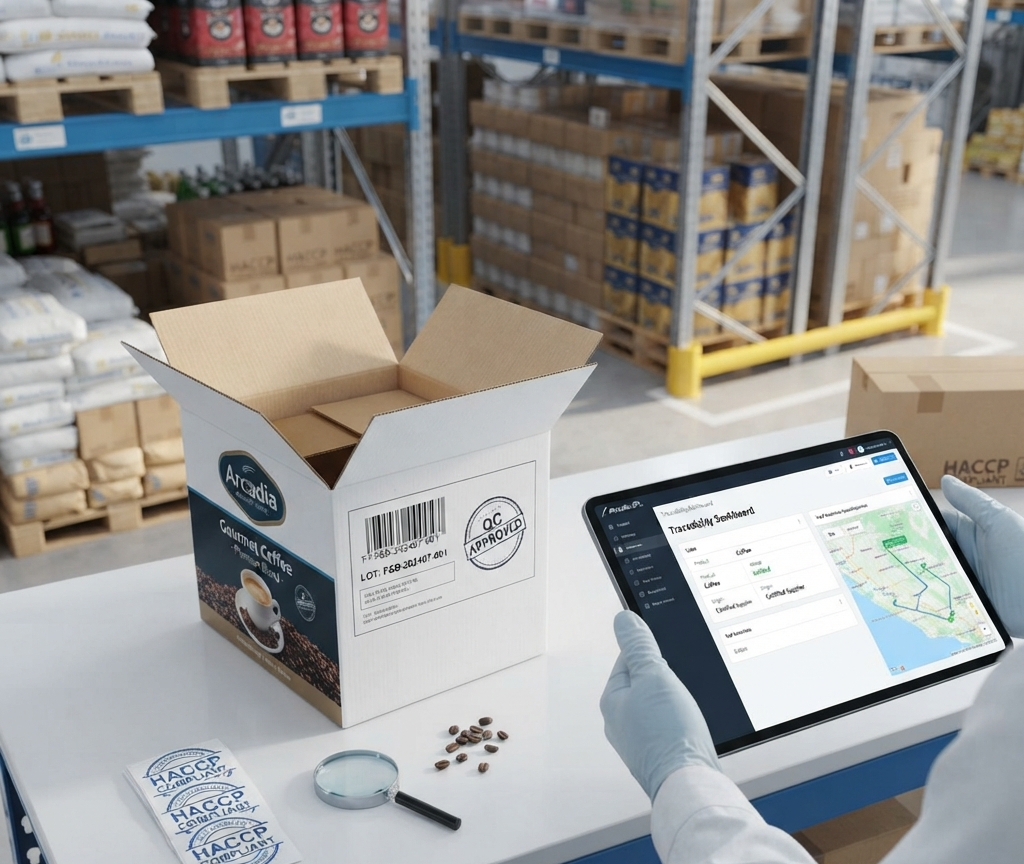 Worker using a tablet to inspect a package in a warehouse with shelves and boxed inventory.