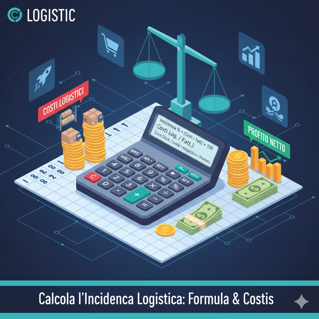 Illustrazione isometrica con calcolatrice, monete e bilancia, per il calcolo dei costi logistici e dei profitti.