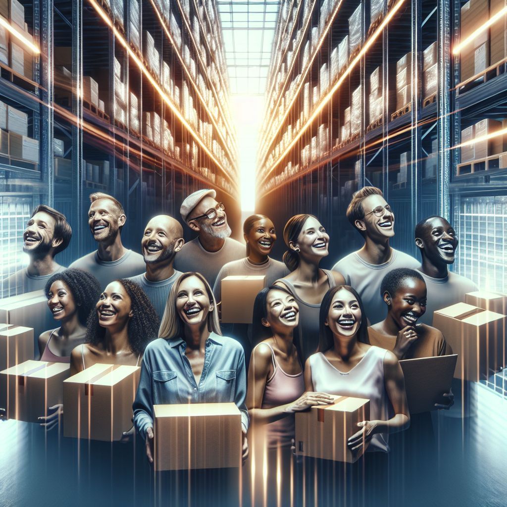 A group of people are standing in a warehouse holding boxes and smiling.
