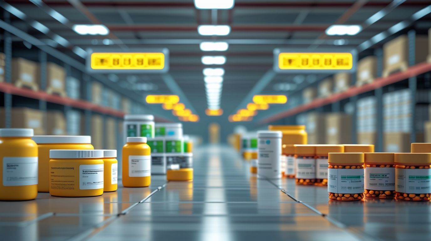 A warehouse filled with lots of bottles and jars of pills.