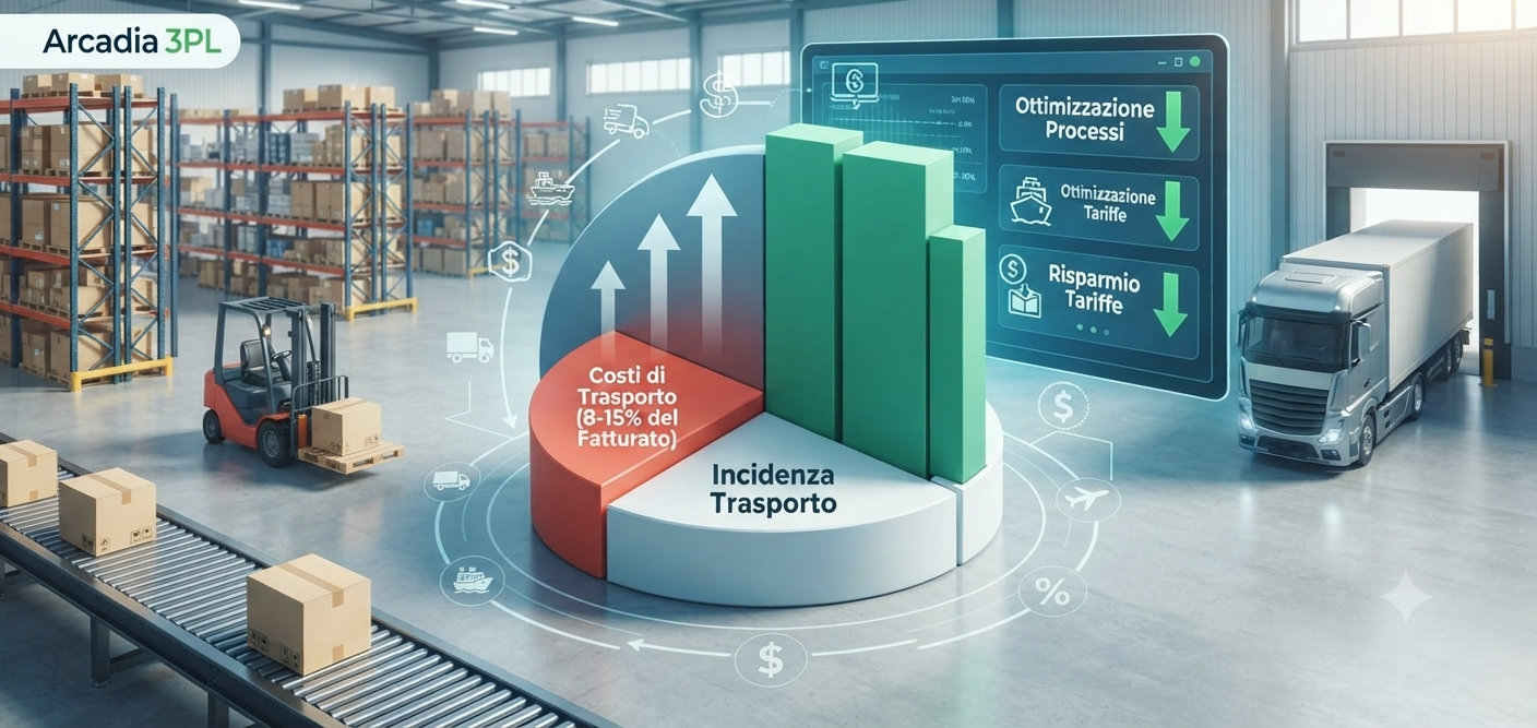 Grafico 3D su costi di trasporto e fatturato in un magazzino, con camion e schermi dati empresariales