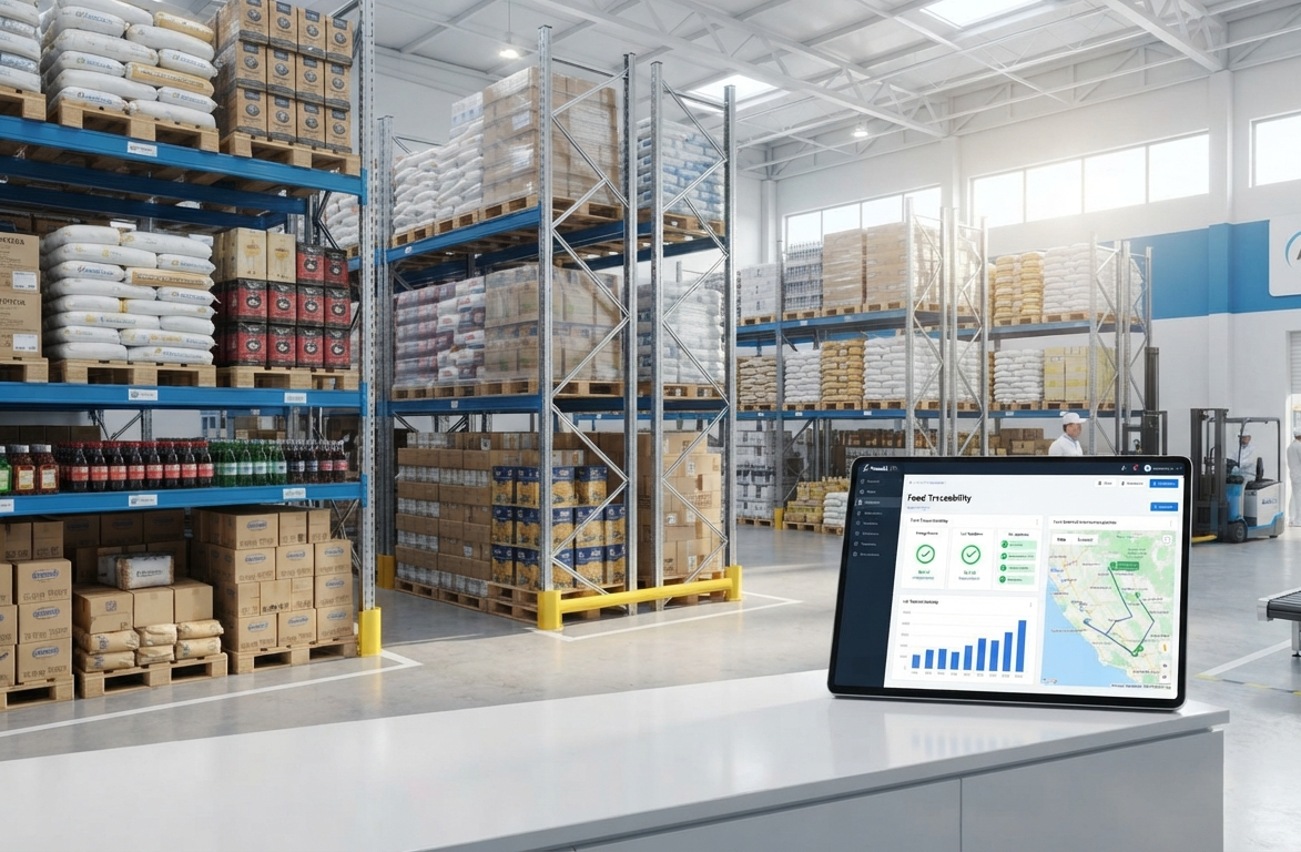 Warehouse aisle with stacked pallets and boxes, viewed beside a tablet showing inventory charts and a map.