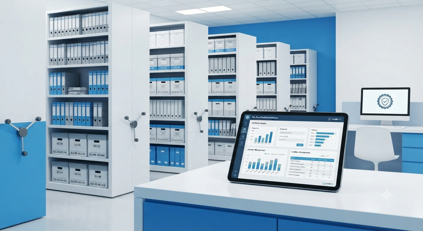 Modern office with server racks and a laptop displaying analytics on a blue desk