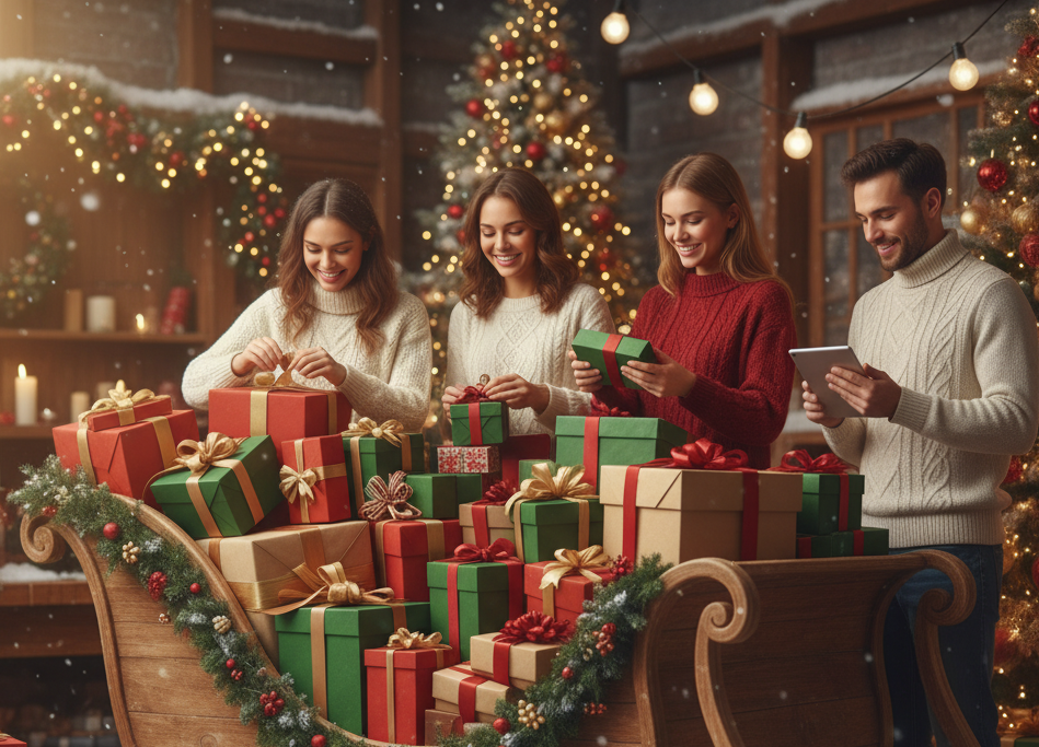 People wrapping presents near a sleigh filled with gifts, Christmas setting.