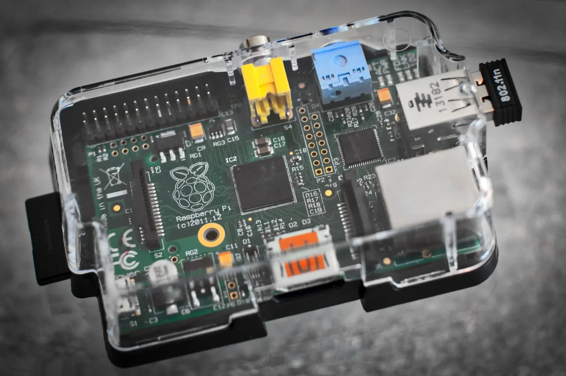 un primo piano di un raspberry pi in una custodia trasparente .