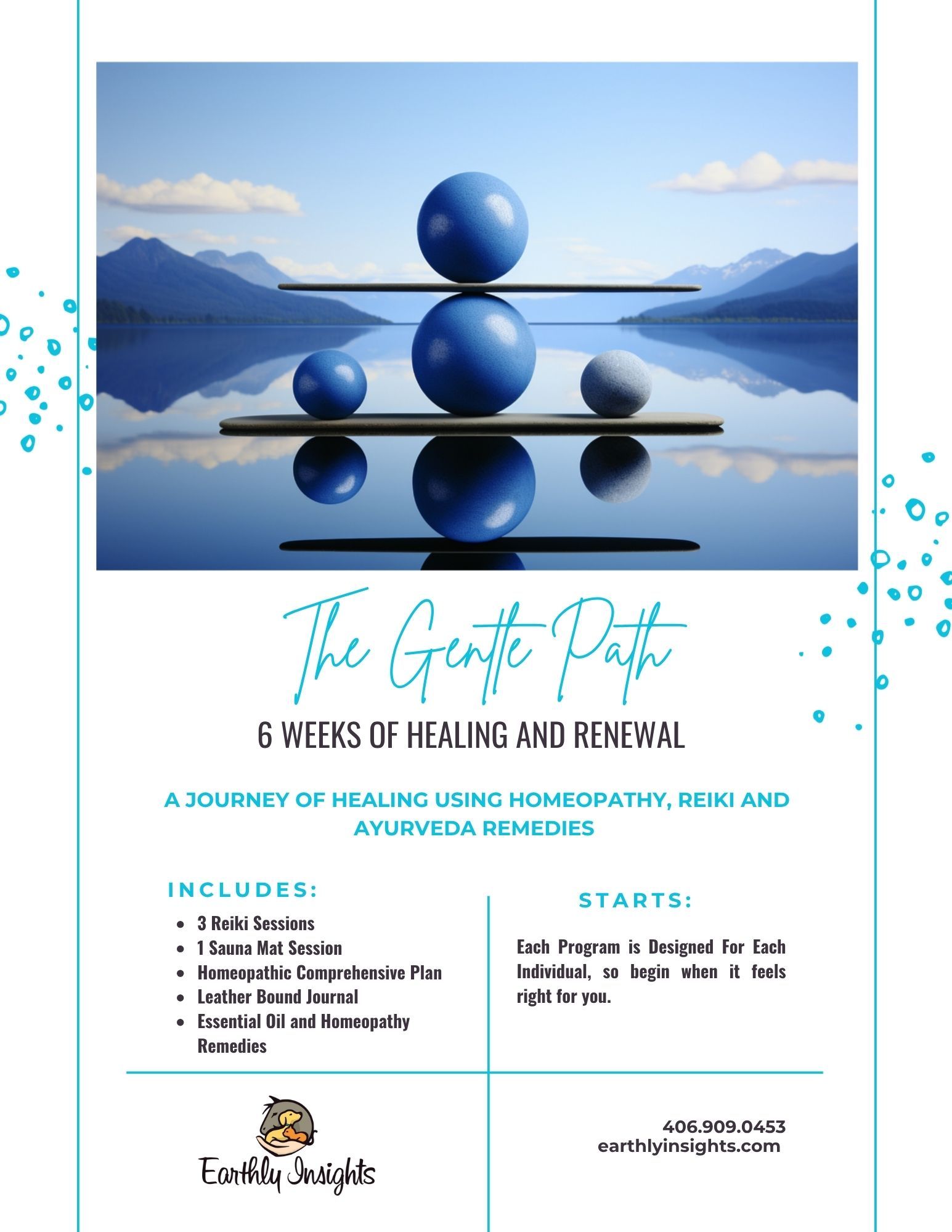 Advert for a 6-week healing program. Blue spheres on black lines, with text overlay. Homeopathy, Reiki, & Ayurveda remedies.