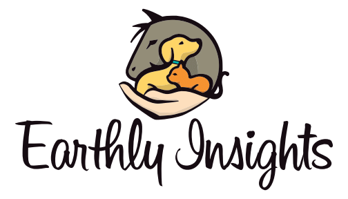 Earthly Insights Logo: hand cradling a horse head, dog, and cat. Text: Earthly Insights, WHOLE-istic Healing for Pets & People.