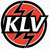 KLV logo in black, white, and red with a circular lightning-bolt design