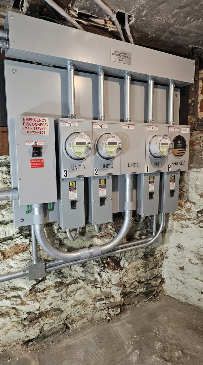 A gray electrical meter bank with four meters and a main breaker disconnect mounted on a stone basement wall.