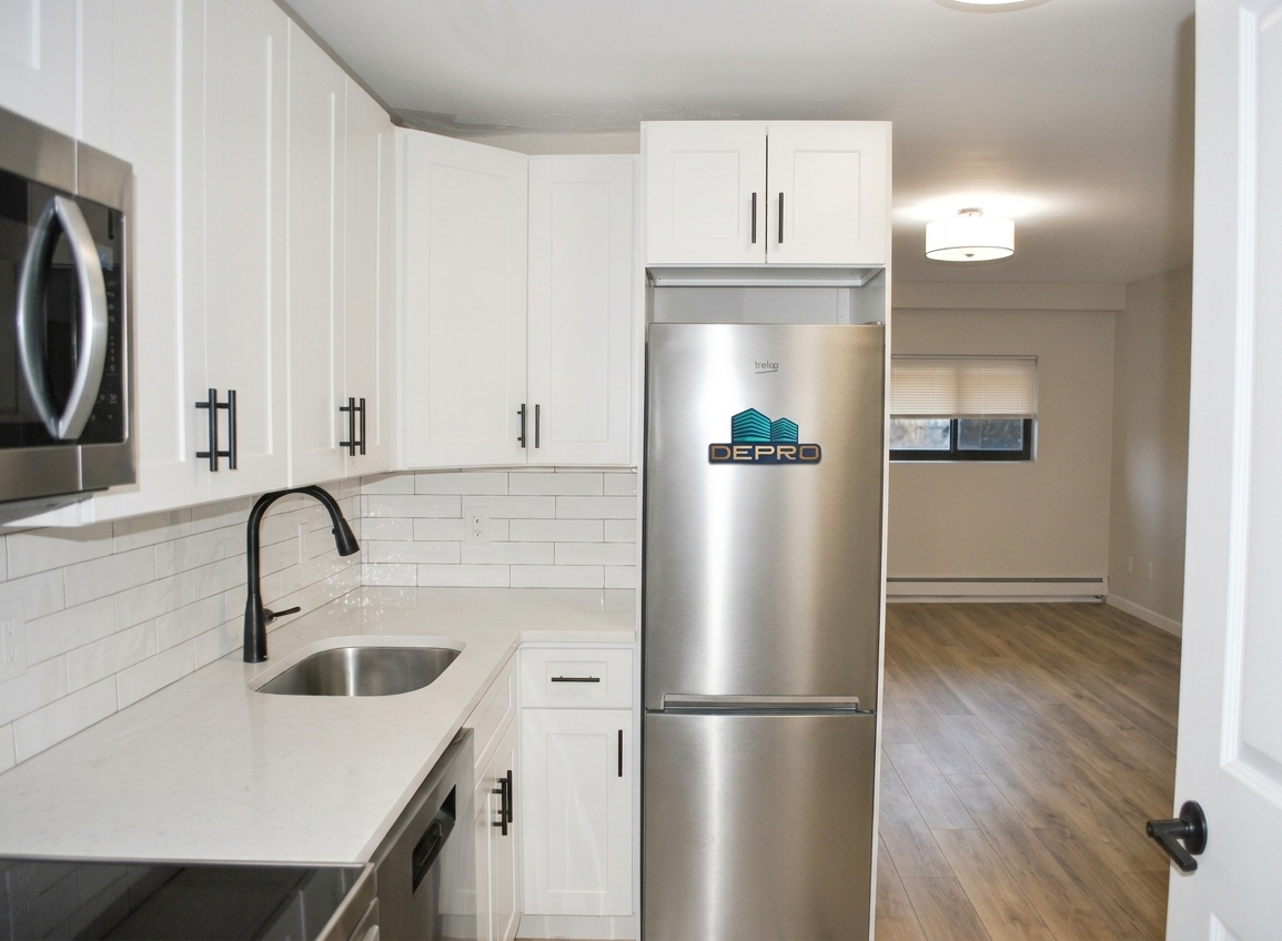 A modern kitchen featuring white cabinets, stainless steel appliances, white quartz countertops, and light wood flooring.