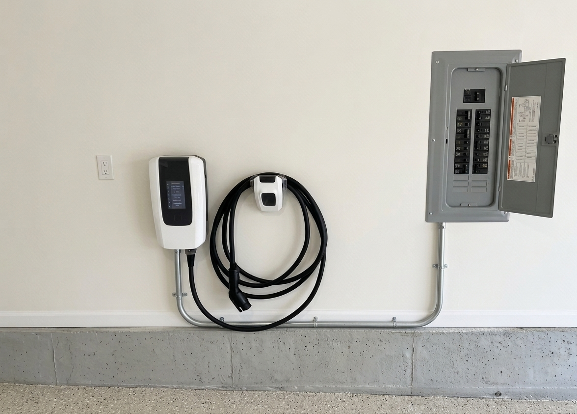 Electric vehicle charger and its coiled cable mounted on a garage wall next to an open electrical breaker panel.