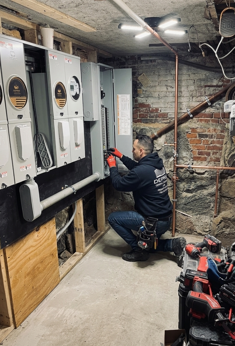 An electrician kneeling in a basement, working on a large open electrical panel with multiple meters.