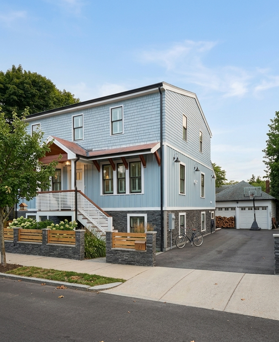 A light blue two-story house with a stone foundation, a wooden-railed porch, and a detached white garage in a driveway.