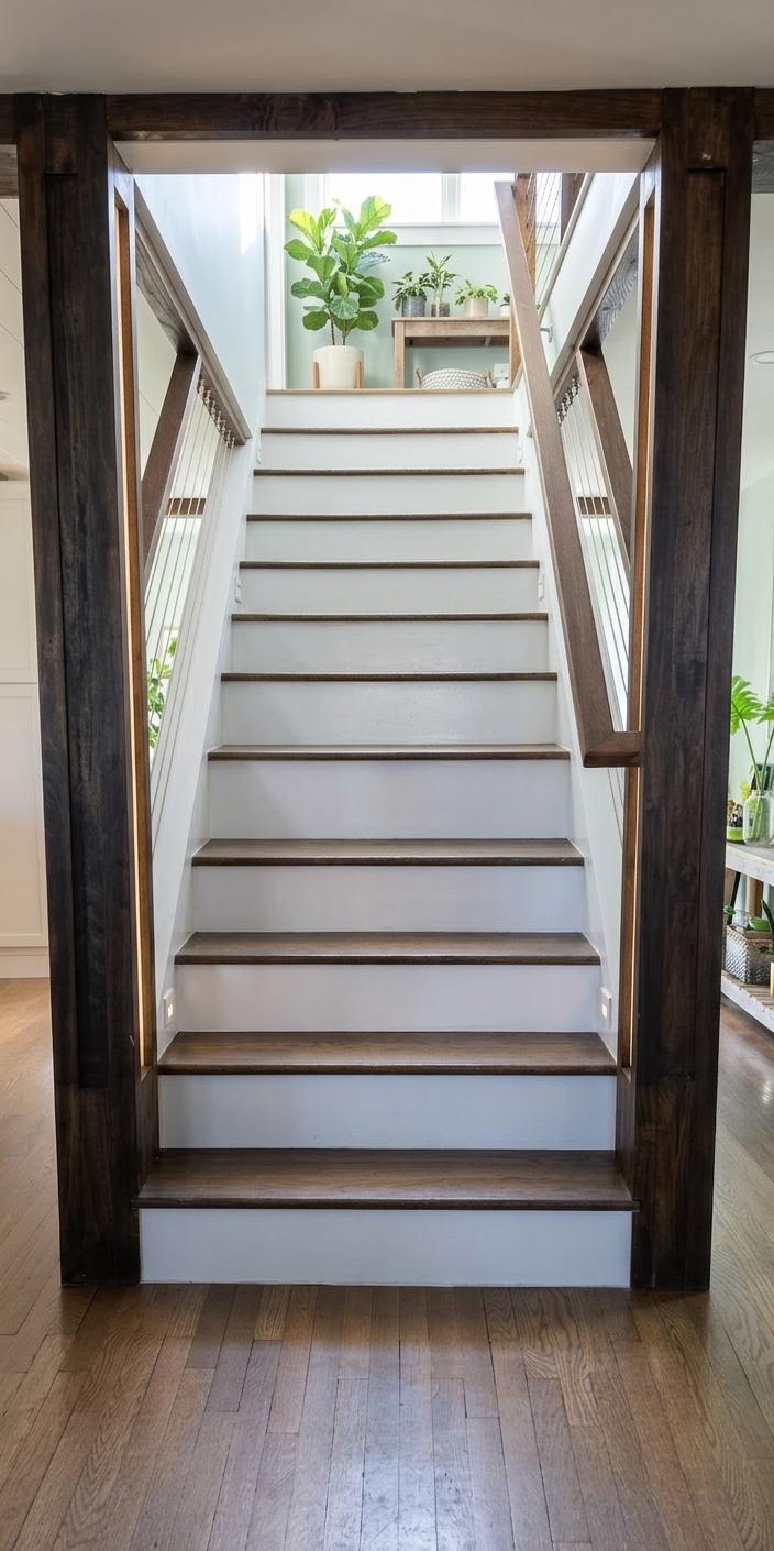 Modern oak staircase with cable railing