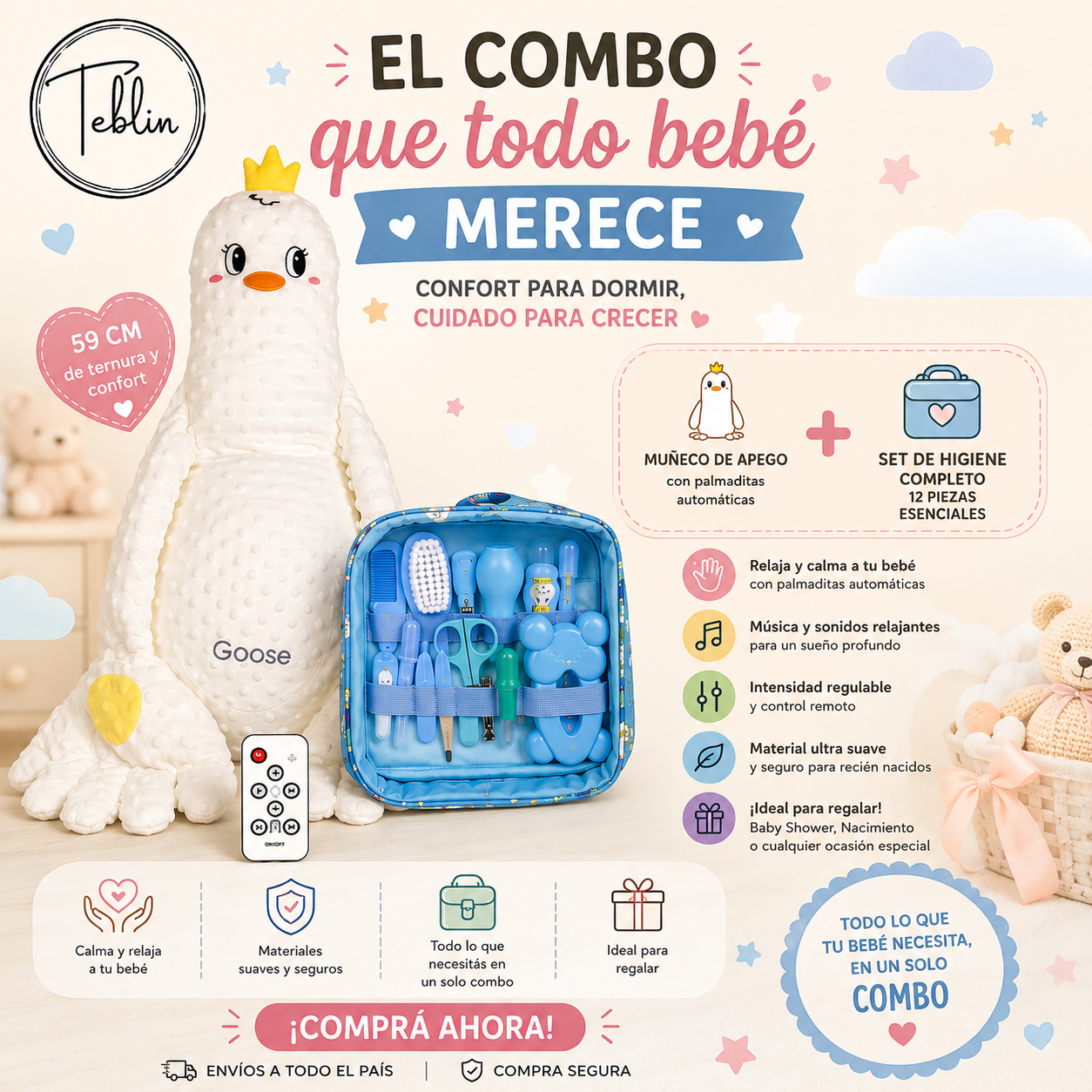 Muñeco Almohada Apego Bebé Palmaditas Calmante C/kit Higiene