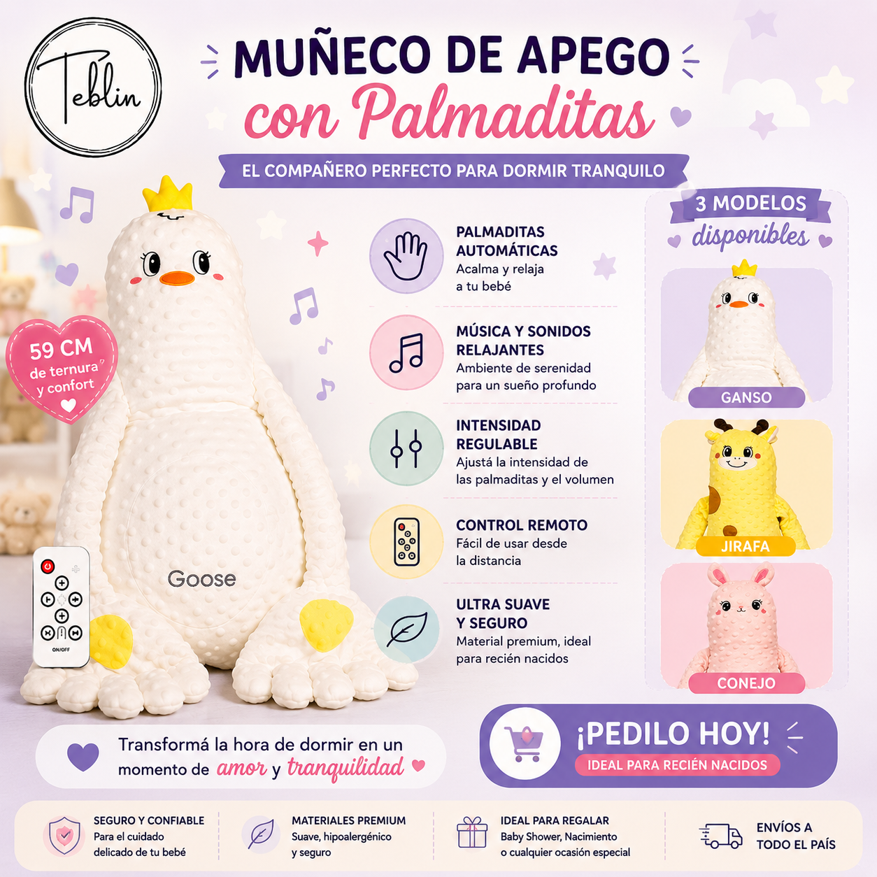 Muñeco Almohada Apego Bebé Palmaditas Calmante C/kit Higiene