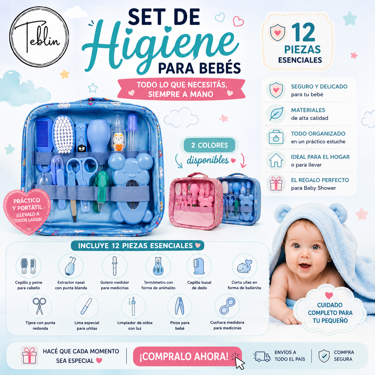 Set Higiene Y Accesorios Aseo para Bebé/Recién Nacido Estuche 12pz