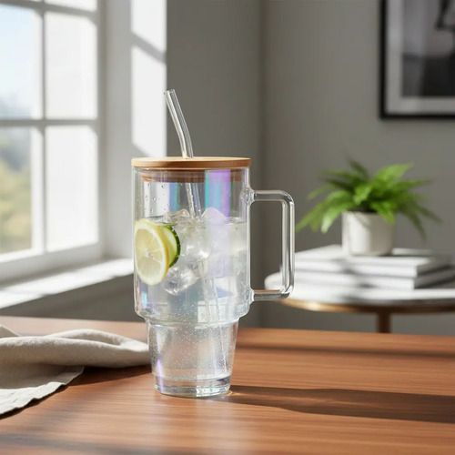 Vaso Quencher Vidrio C/tapa Bambú Y Sorbete Vidrio 700ml