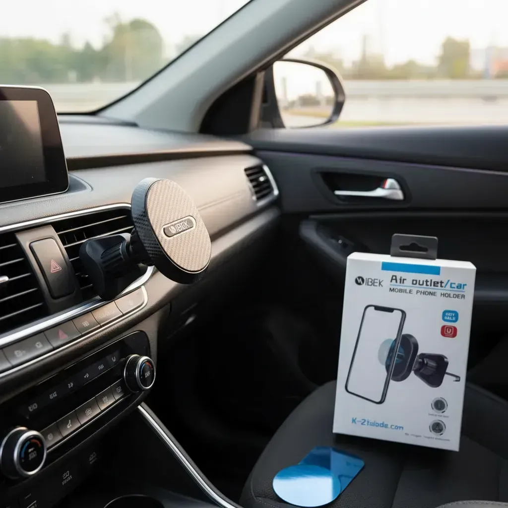 Soporte de teléfono para coche con caja y dos placas metálicas adhesivas.