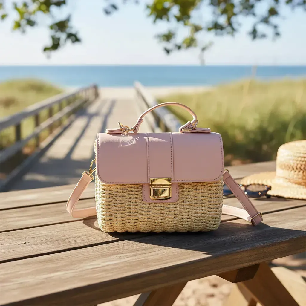 Bolso de mano beige y tejido con bandolera, apoyado sobre una mesa de madera cerca del mar.