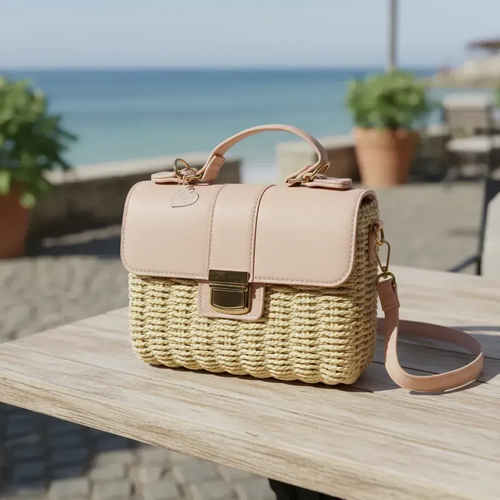 Bolso de mano beige y tejido con bandolera, apoyado sobre una mesa de madera cerca del mar.
