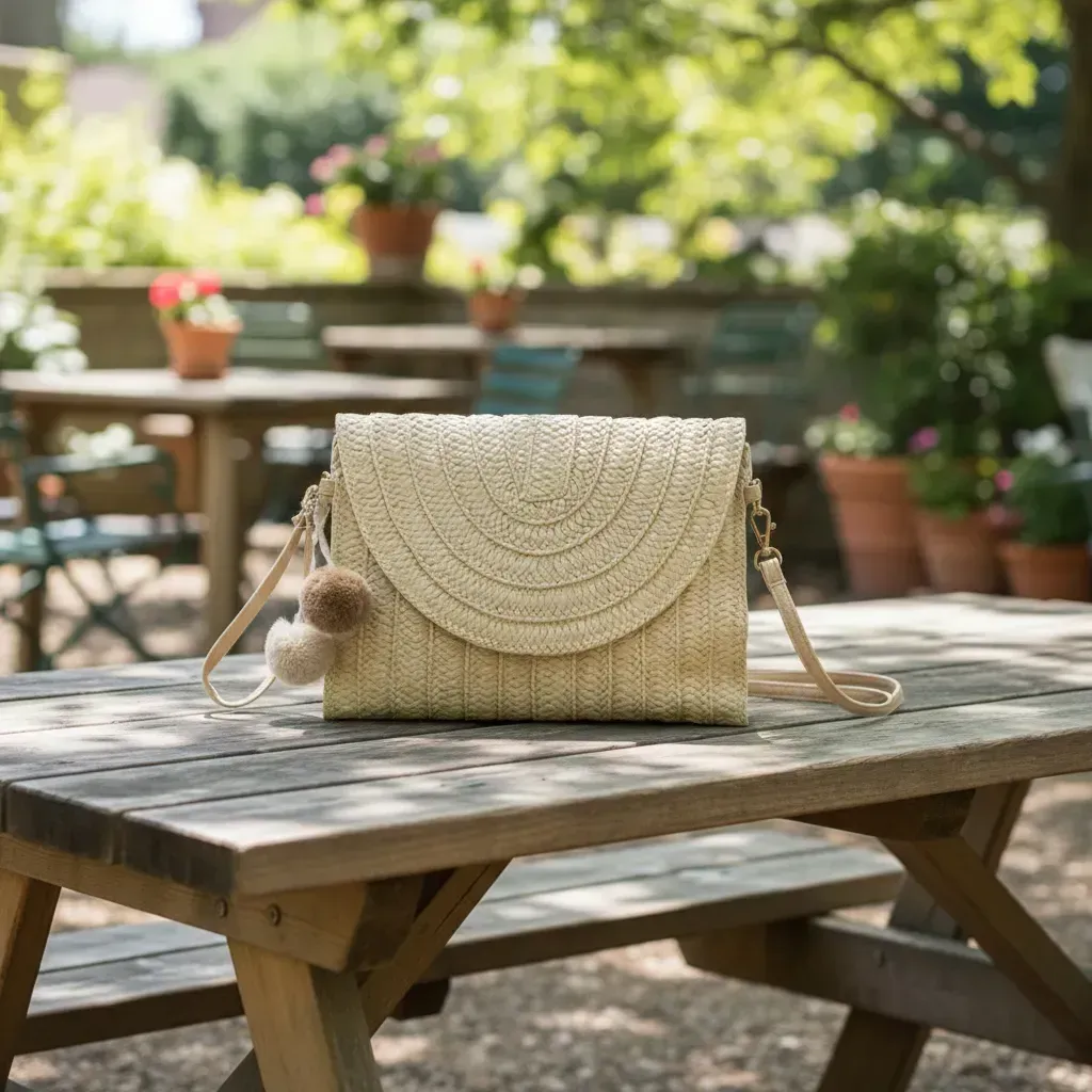 Clutch de paja color canela con charm de pompón y correa para el hombro.